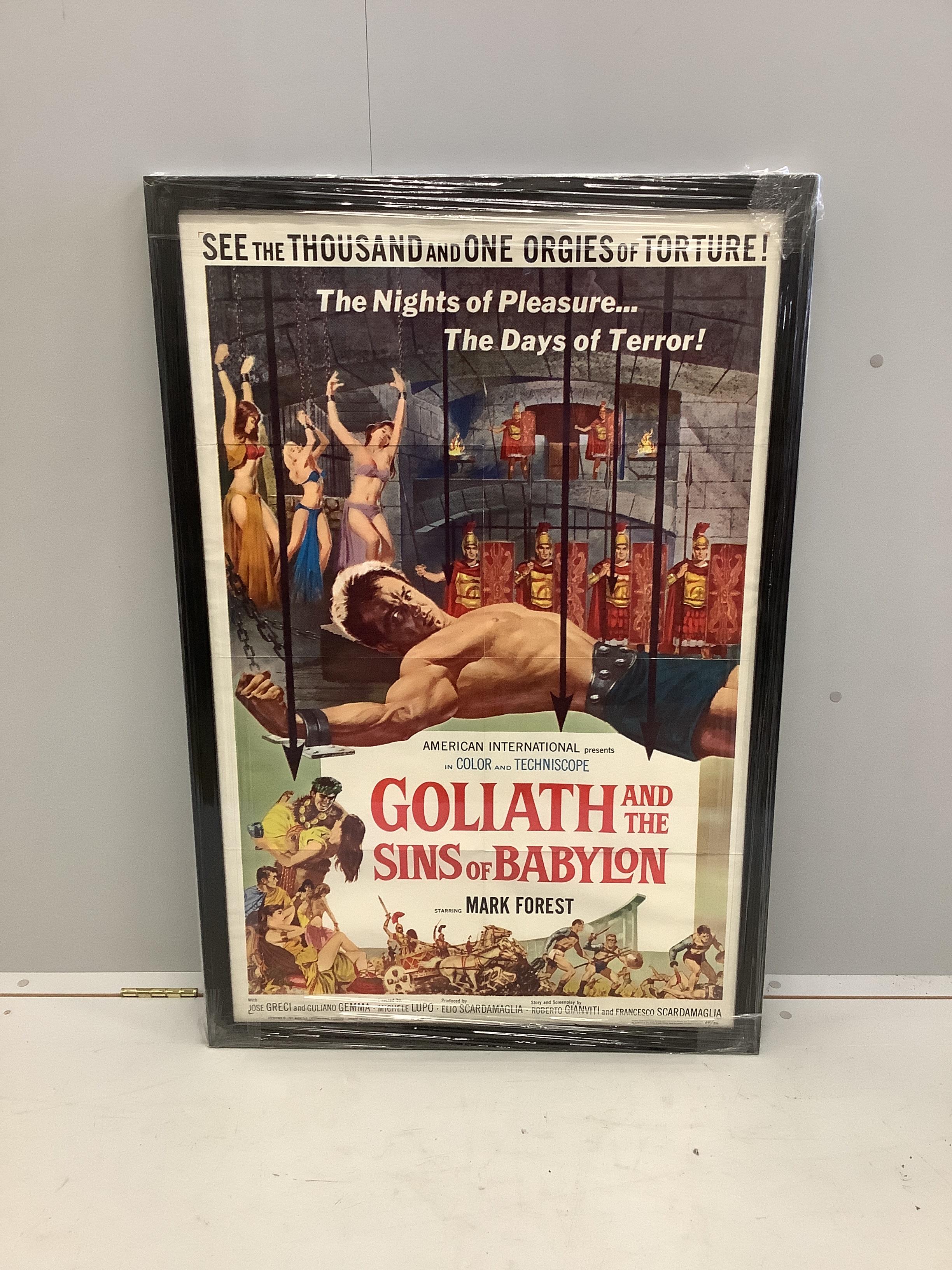 A vintage framed cinema film poster 'Goliath and the Sins of Babylon', width 74cm, height 110cm